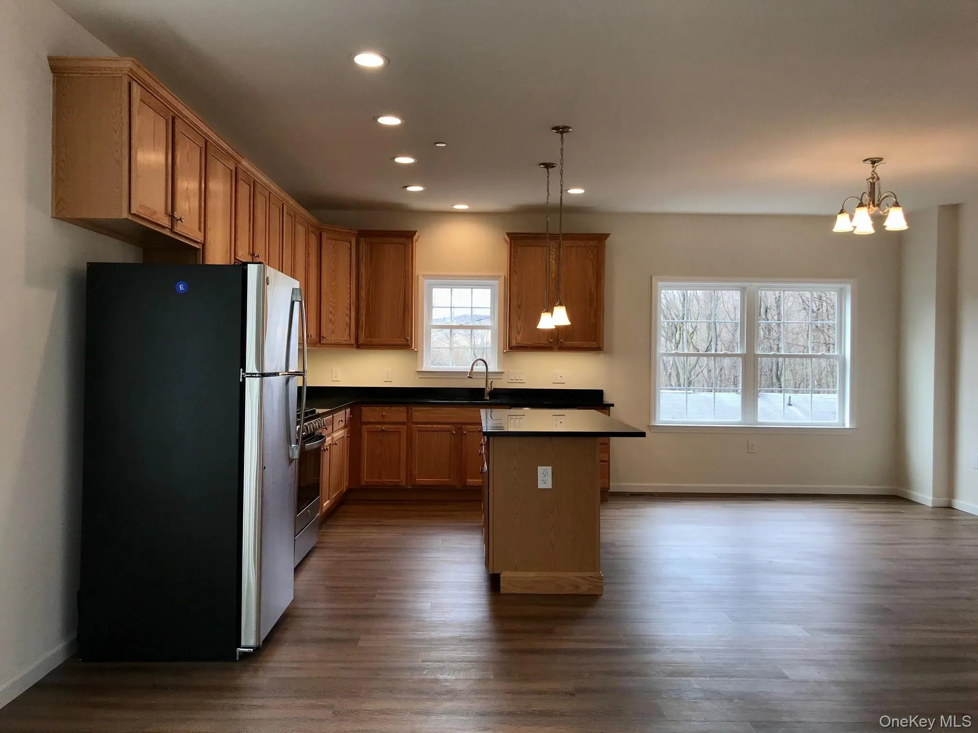 Kitchen with stainless steel appliances, recessed lighting, dark countertops, dark wood-style flooring, and a chandelier Kitchen with stainless steel appliances, recessed lighting, dark countertops, dark wood-style flooring, and a chandelier