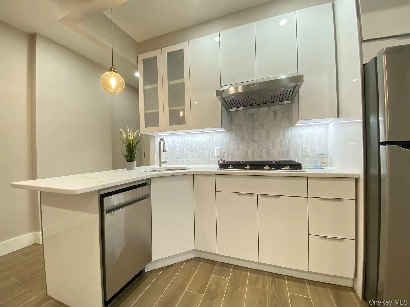 Kitchen featuring wood finish floors, appliances with stainless steel finishes, pendant lighting, and modern cabinets Kitchen featuring wood finish floors, appliances with stainless steel finishes, pendant lighting, and modern cabinets