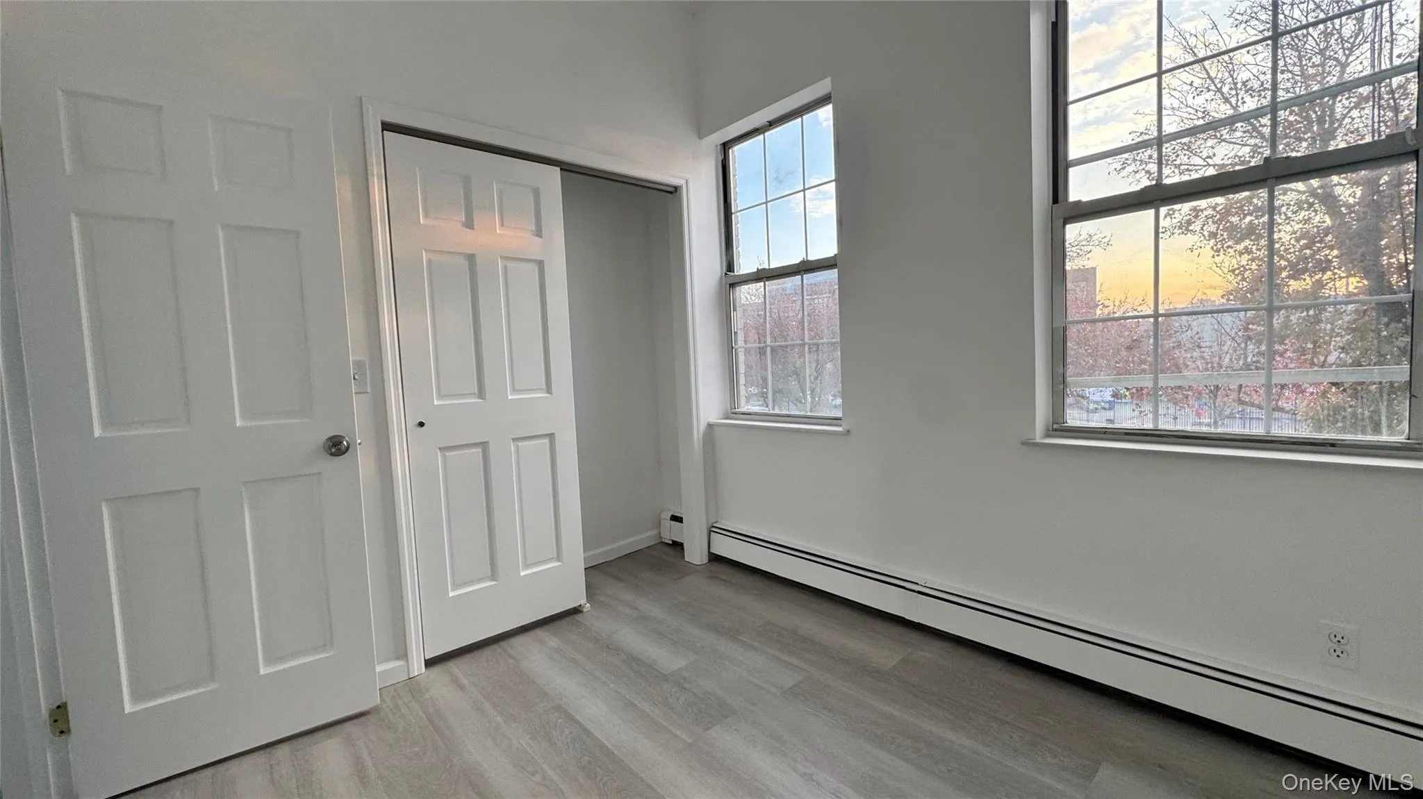 Unfurnished bedroom with a baseboard radiator, light wood-type flooring, and a closet Unfurnished bedroom with a baseboard radiator, light wood-type flooring, and a closet