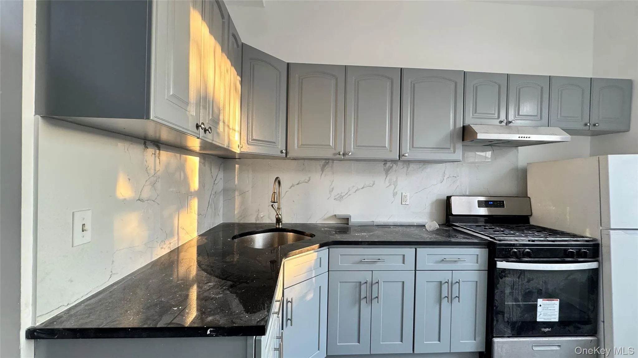 Kitchen featuring stainless steel appliances, dark stone countertops, gray cabinetry, tasteful backsplash, and under cabinet range hood Kitchen featuring stainless steel appliances, dark stone countertops, gray cabinetry, tasteful backsplash, and under cabinet range hood