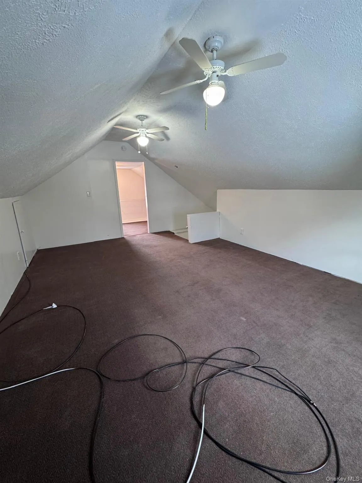 Bonus room with a textured ceiling, lofted ceiling, and carpet floors Bonus room with a textured ceiling, lofted ceiling, and carpet floors