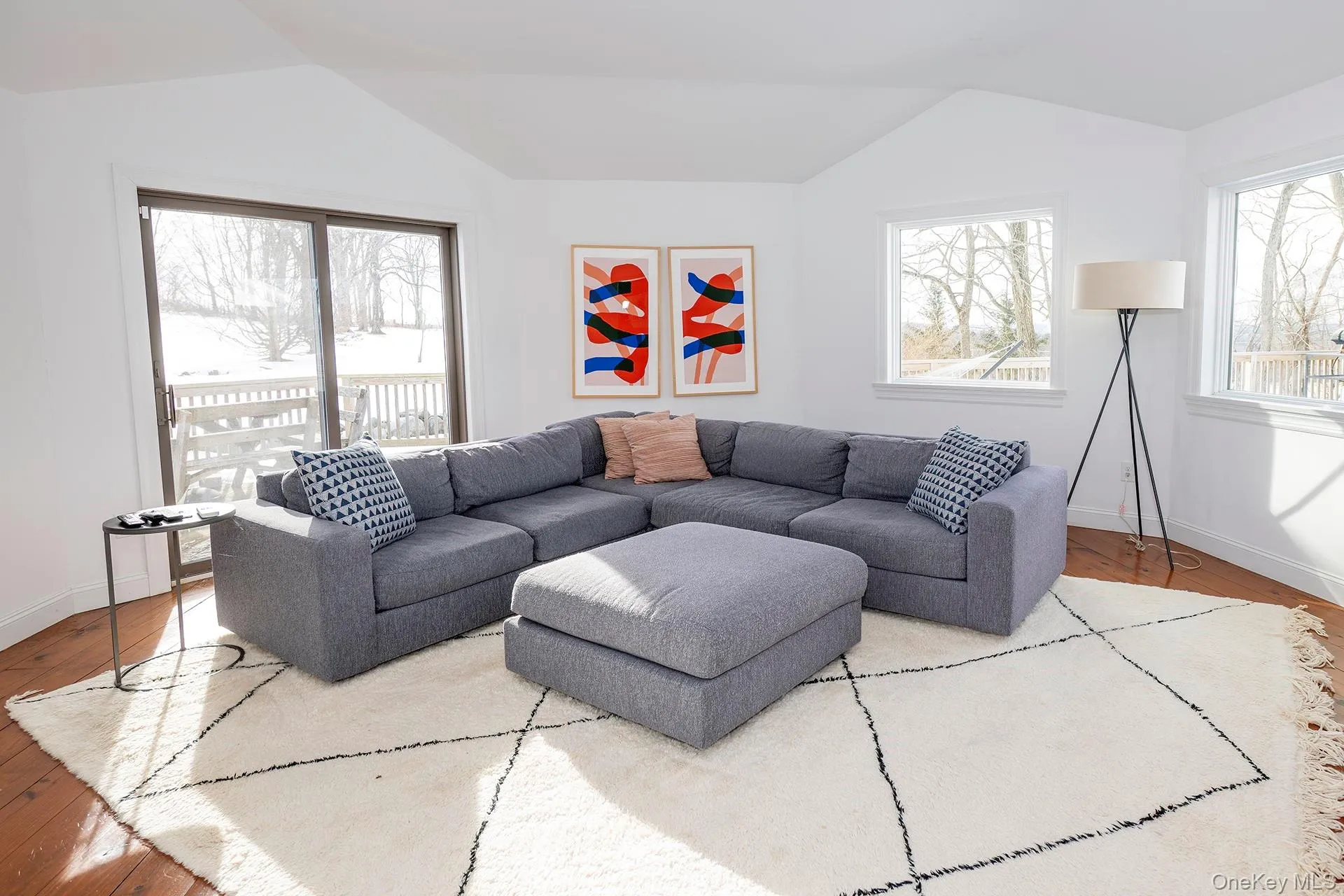 Living area featuring vaulted ceiling and wood-type flooring Living area featuring vaulted ceiling and wood-type flooring