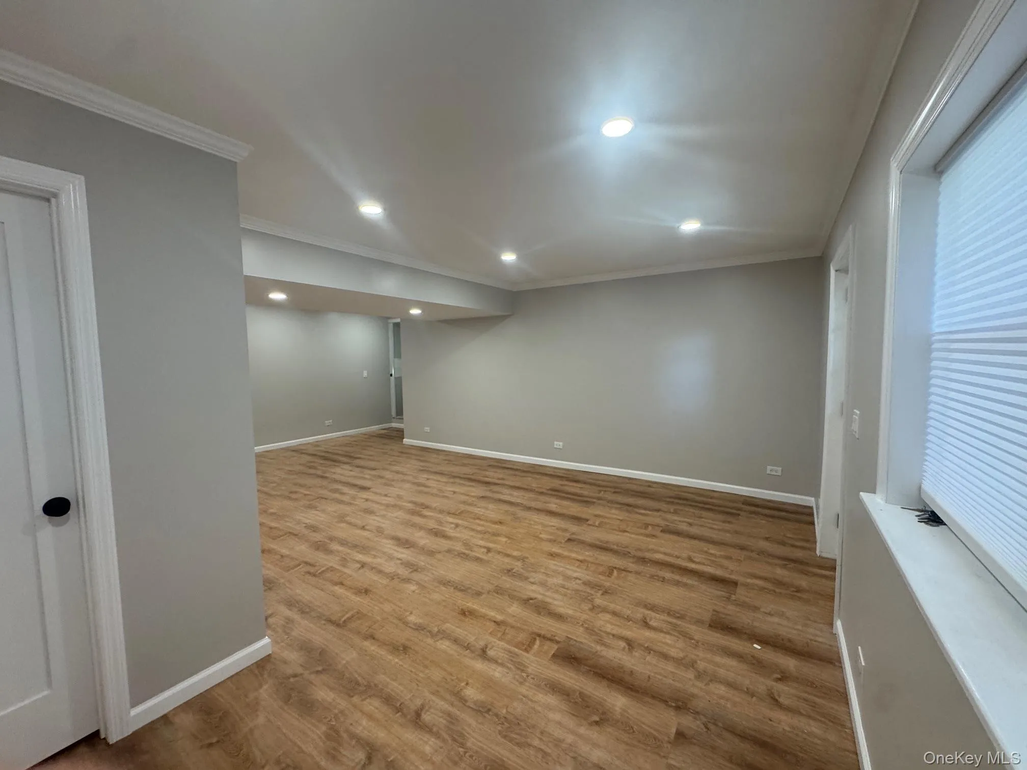 Below grade area with light wood-type flooring, ornamental molding, and recessed lighting Below grade area with light wood-type flooring, ornamental molding, and recessed lighting