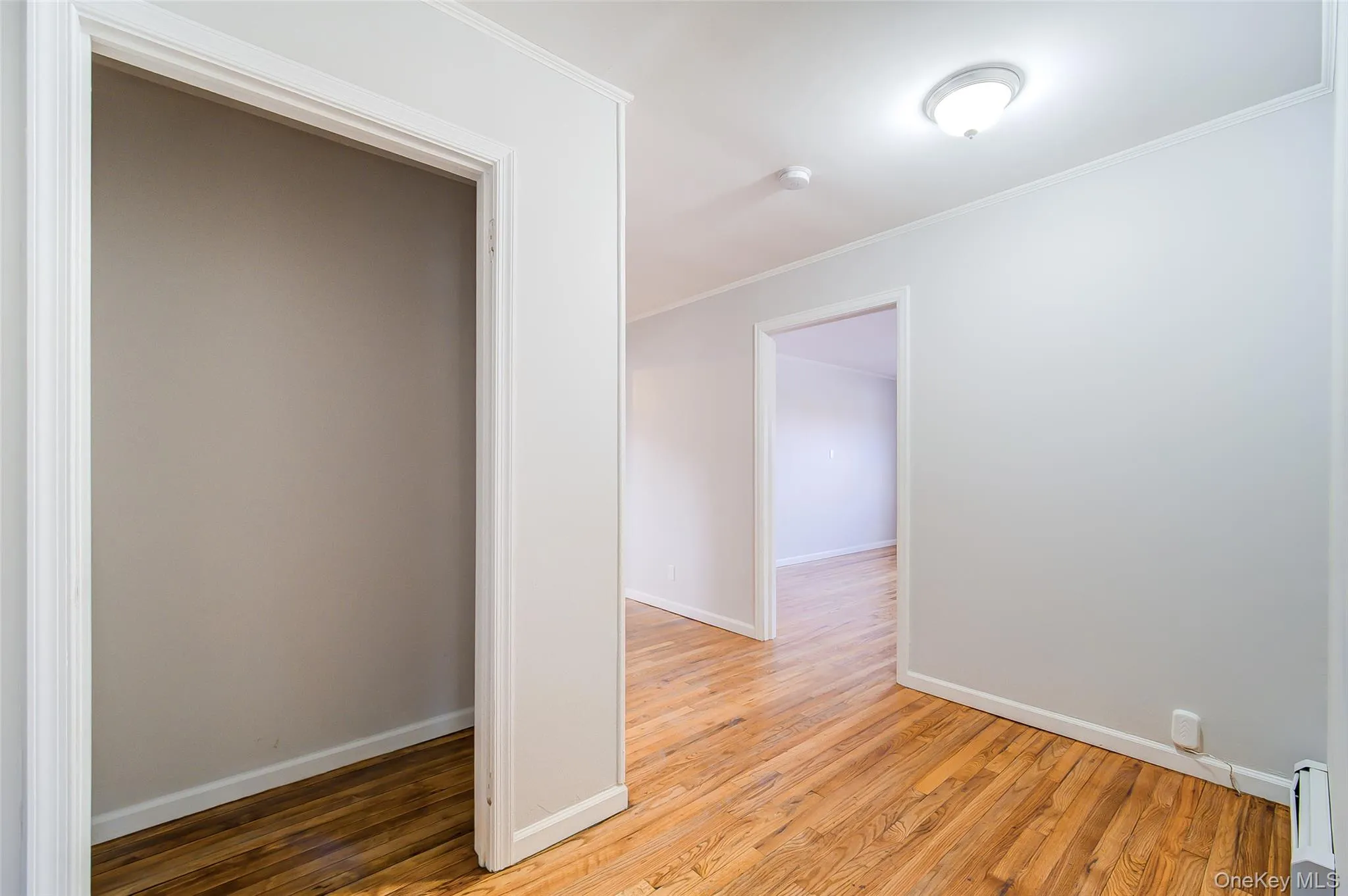 Entry area to Unit A featuring light wood-style flooring and crown molding Entry area to Unit A featuring light wood-style flooring and crown molding