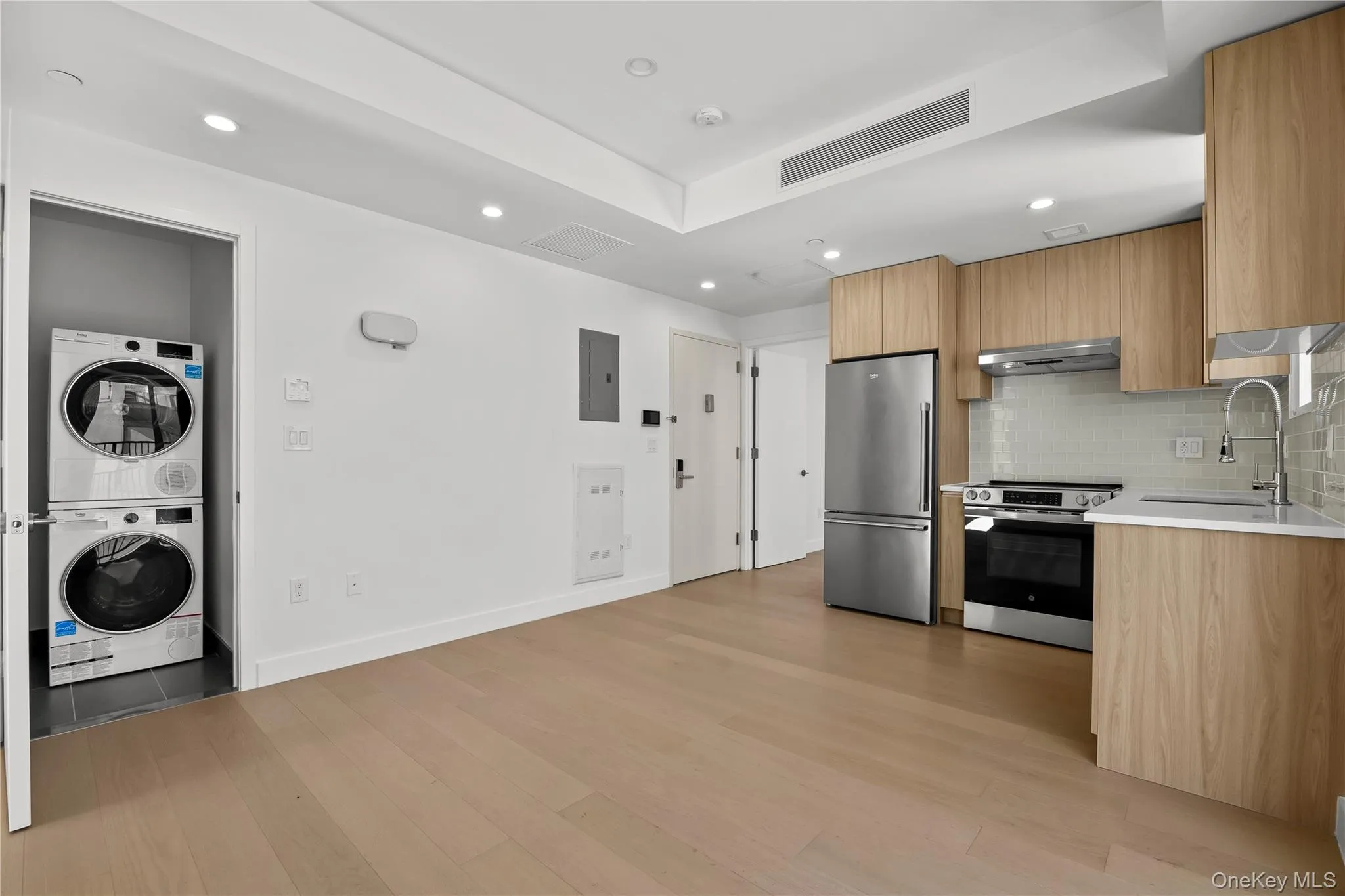 Kitchen featuring modern cabinets, stainless steel appliances, recessed lighting, light wood finished floors, and tasteful backsplash Kitchen featuring modern cabinets, stainless steel appliances, recessed lighting, light wood finished floors, and tasteful backsplash