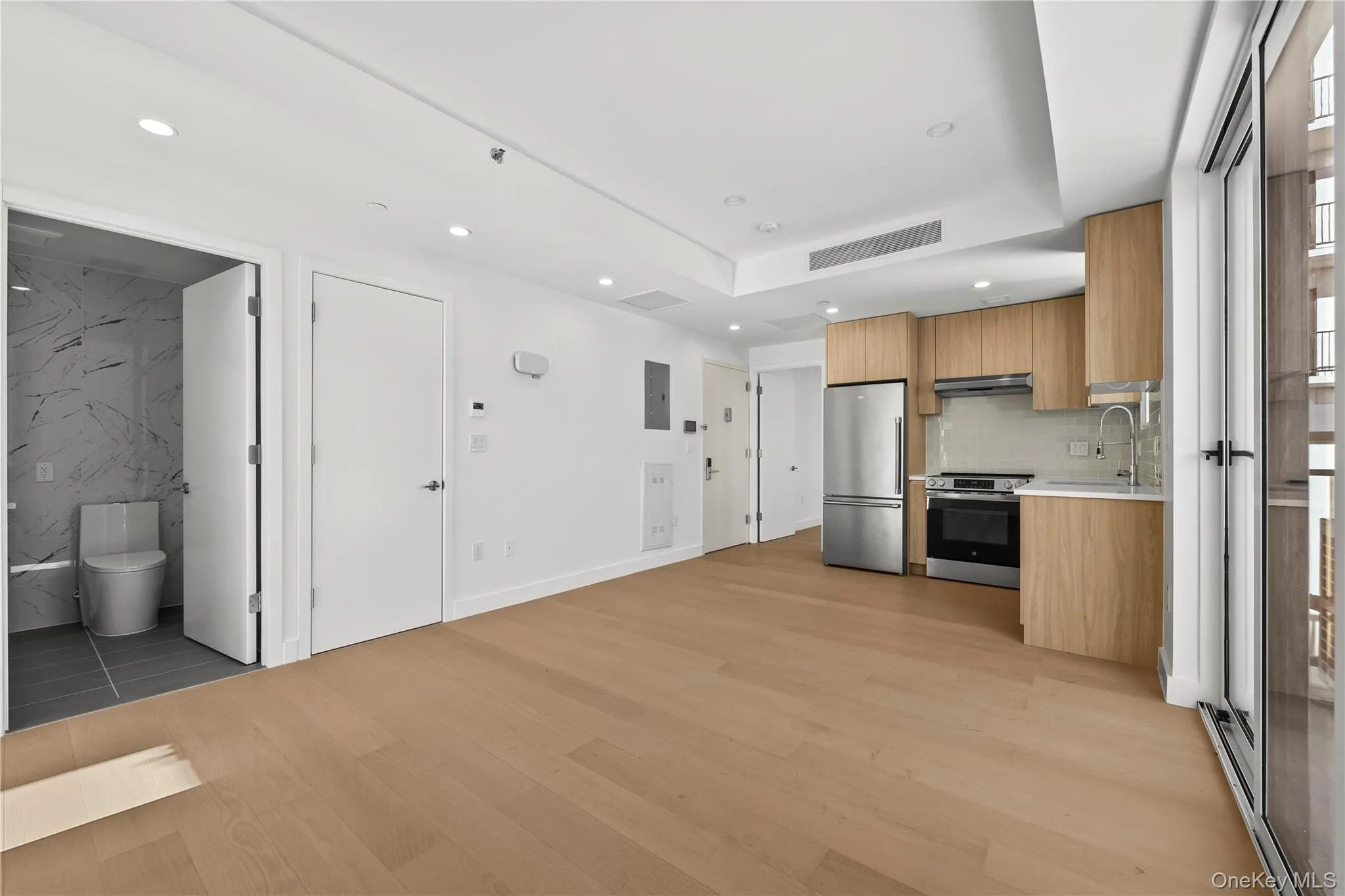 Kitchen with modern cabinets, appliances with stainless steel finishes, recessed lighting, light wood-type flooring, and open floor plan Kitchen with modern cabinets, appliances with stainless steel finishes, recessed lighting, light wood-type flooring, and open floor plan