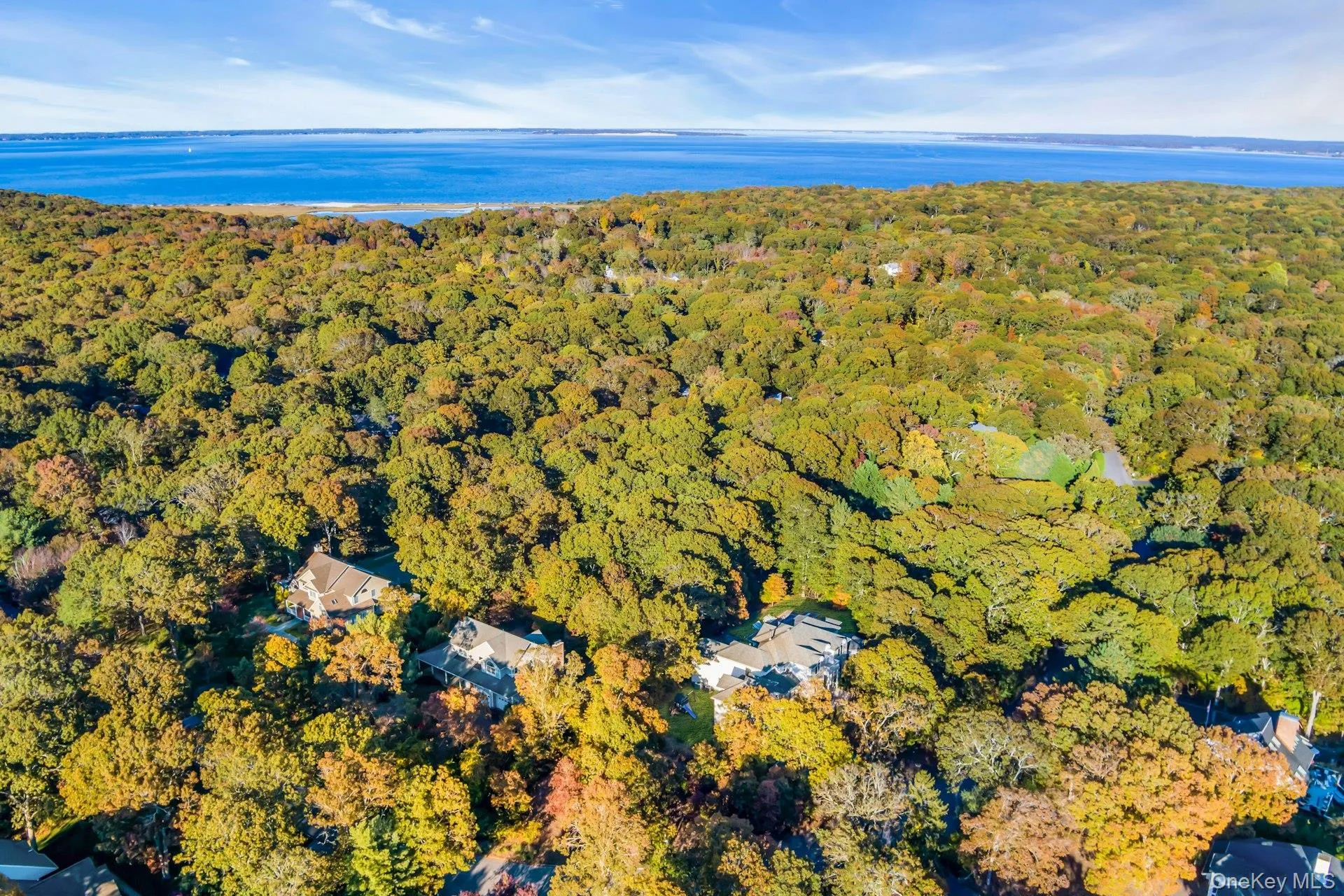 Aerial view of property and surrounding area with a nearby body of water