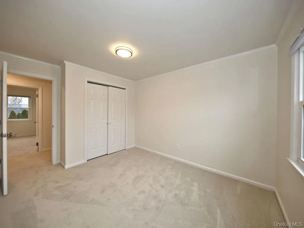 Unfurnished bedroom with light colored carpet, crown molding, and a closet Unfurnished bedroom with light colored carpet, crown molding, and a closet