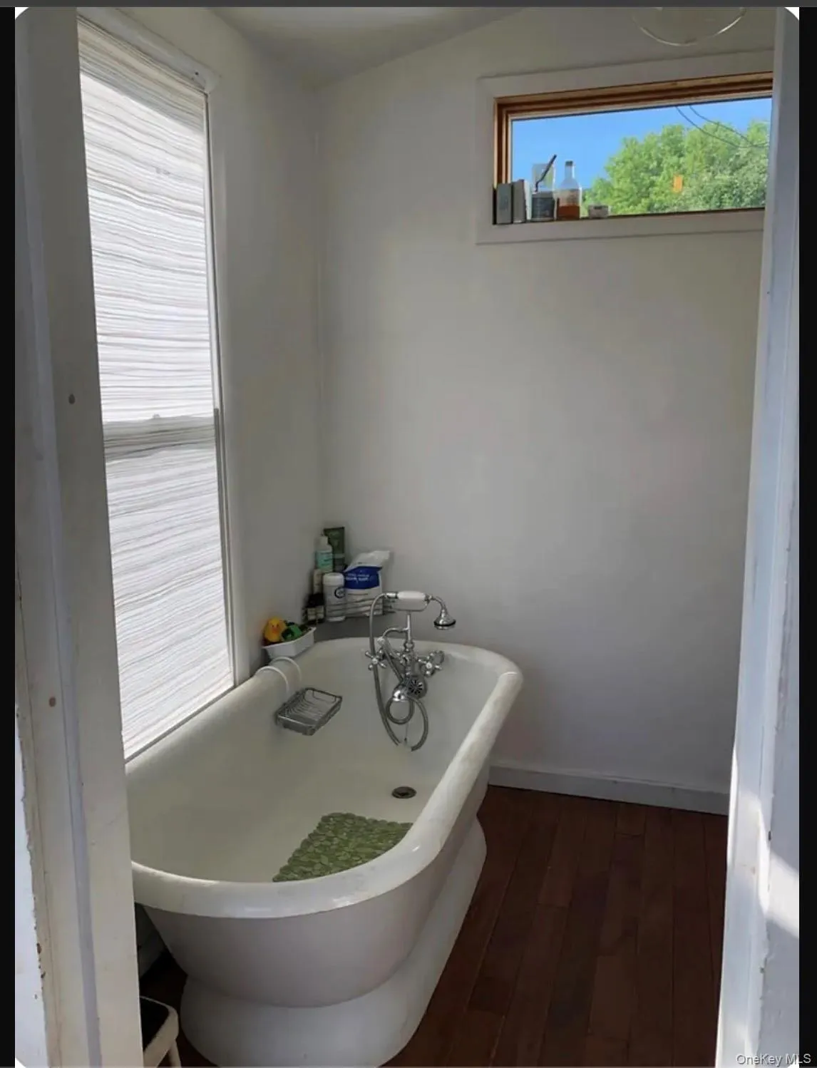 Bathroom featuring a soaking tub and dark wood-style flooring Bathroom featuring a soaking tub and dark wood-style flooring