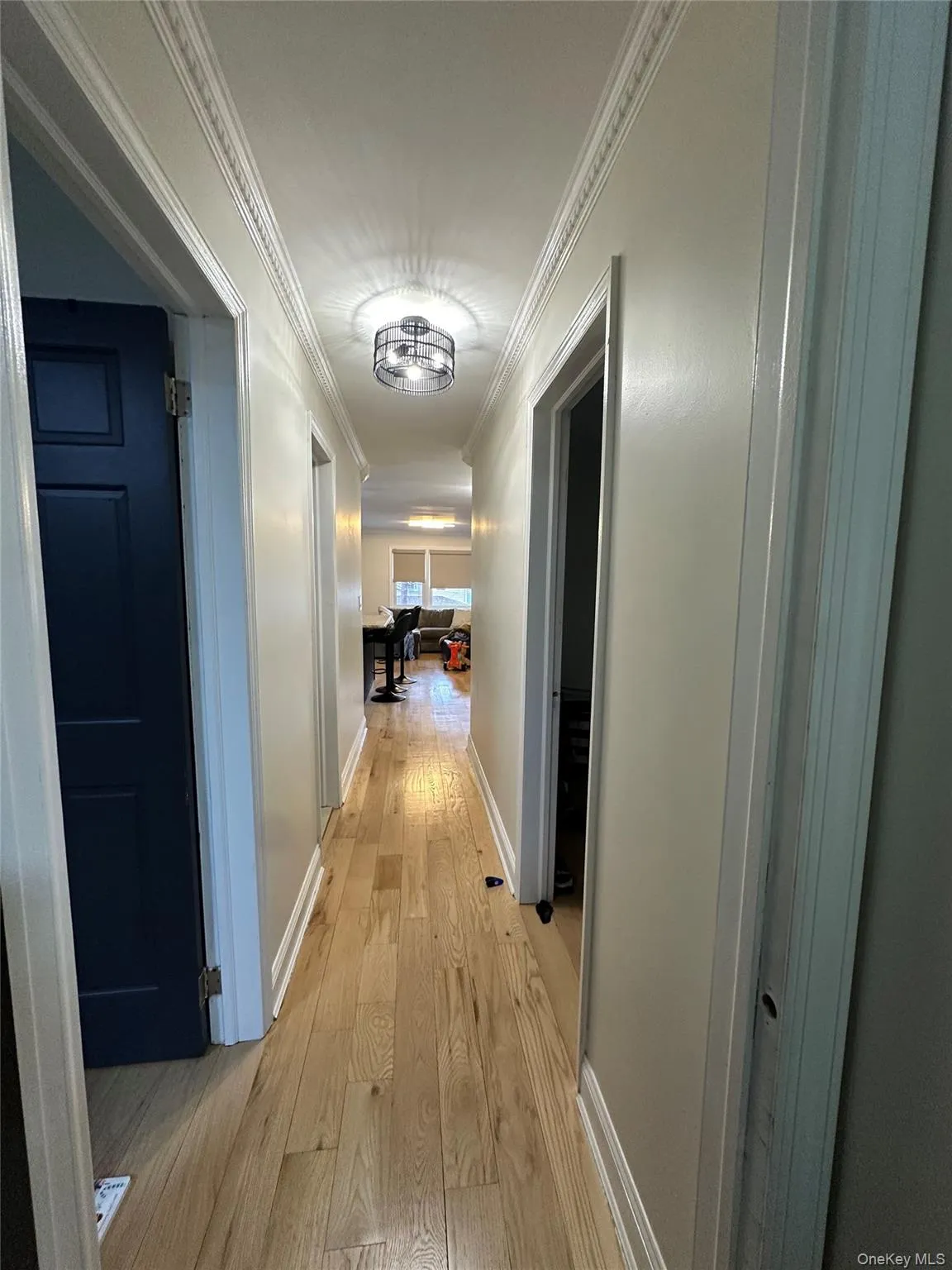Corridor featuring ornamental molding and light wood-style floors Corridor featuring ornamental molding and light wood-style floors
