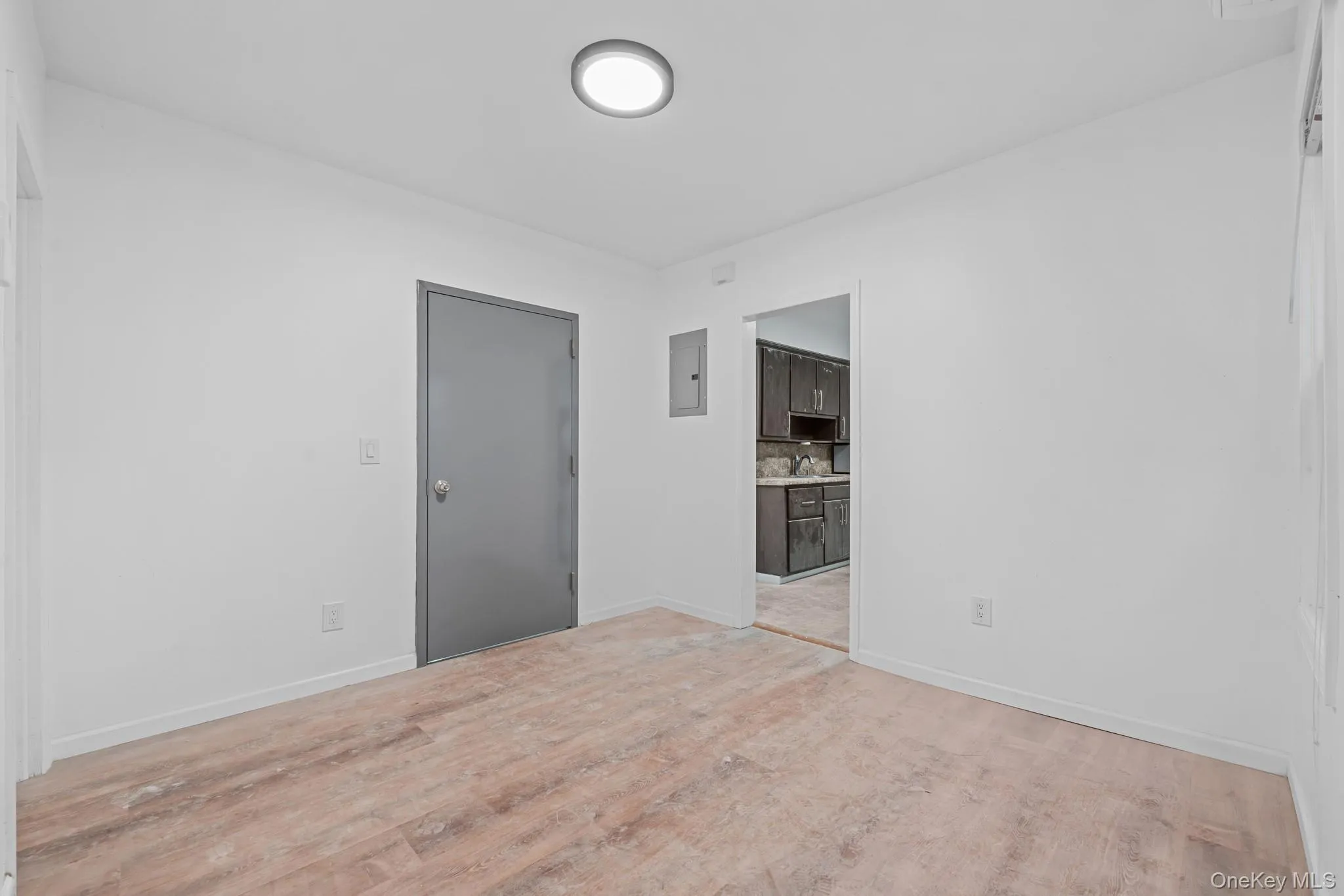 Spare room with light wood-type flooring and electric panel Spare room with light wood-type flooring and electric panel