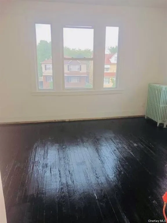 Empty room with radiator heating unit and dark wood finished floors Empty room with radiator heating unit and dark wood finished floors