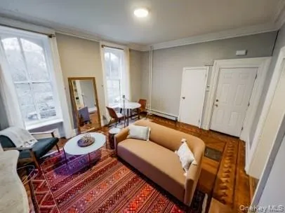 Living area featuring crown molding and a baseboard radiator Living area featuring crown molding and a baseboard radiator