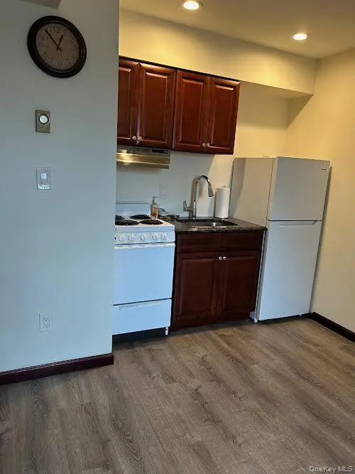 Kitchen featuring white appliances, dark wood finished floors, under cabinet range hood, recessed lighting, and dark brown cabinetry Kitchen featuring white appliances, dark wood finished floors, under cabinet range hood, recessed lighting, and dark brown cabinetry