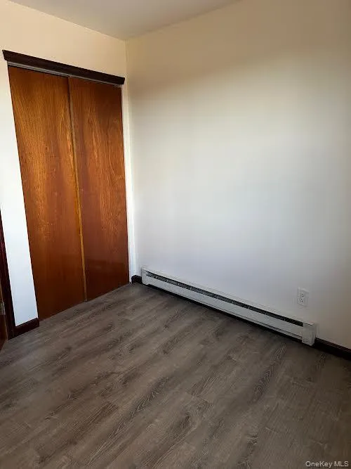 bedroom closet with a baseboard radiator, dark wood finished floors, and a closet bedroom closet with a baseboard radiator, dark wood finished floors, and a closet