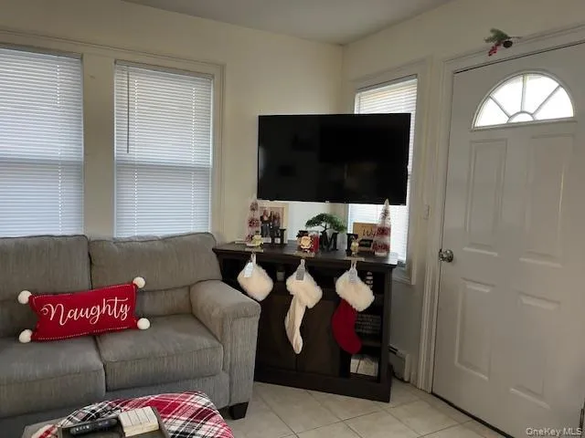 Living room featuring baseboard heating and tile patterned floors Living room featuring baseboard heating and tile patterned floors