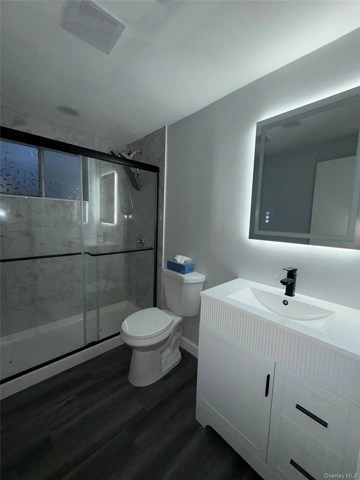 Full bathroom with vanity, dark wood-type flooring, and a stall shower Full bathroom with vanity, dark wood-type flooring, and a stall shower