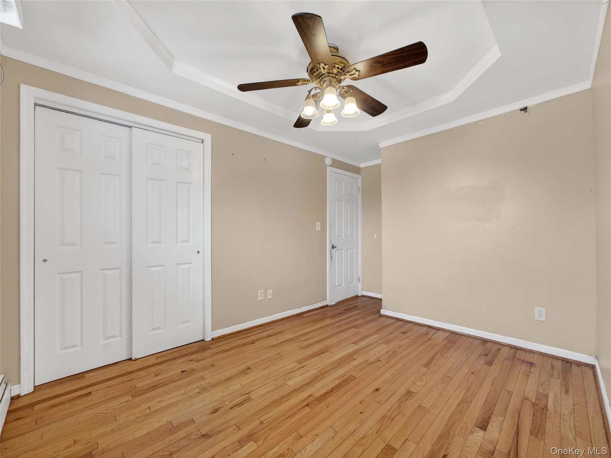 Unfurnished bedroom featuring light wood-type flooring, a raised ceiling, a ceiling fan, a closet, and ornamental molding Unfurnished bedroom featuring light wood-type flooring, a raised ceiling, a ceiling fan, a closet, and ornamental molding