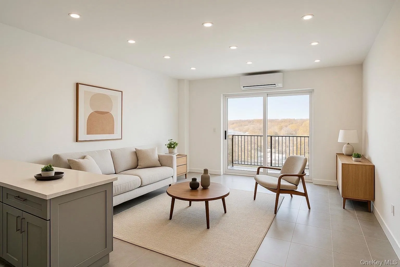 Living area featuring recessed lighting, an AC wall unit, and light tile patterned flooring Living area featuring recessed lighting, an AC wall unit, and light tile patterned flooring