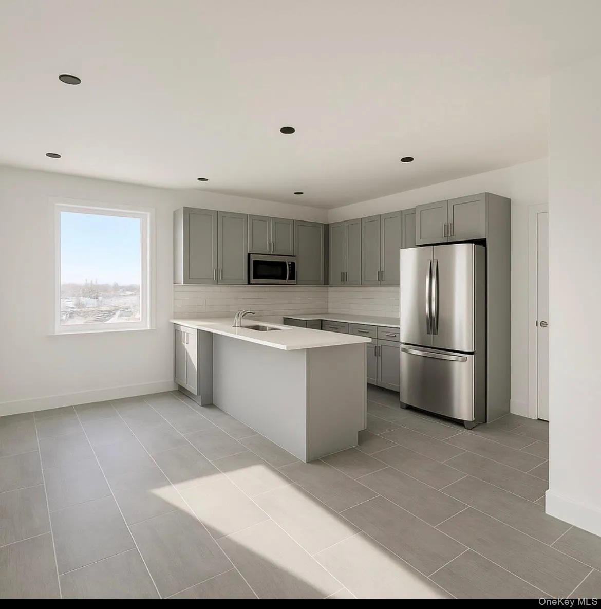 Kitchen with gray cabinetry, stainless steel appliances, a peninsula, tasteful backsplash, and light tile patterned flooring Kitchen with gray cabinetry, stainless steel appliances, a peninsula, tasteful backsplash, and light tile patterned flooring