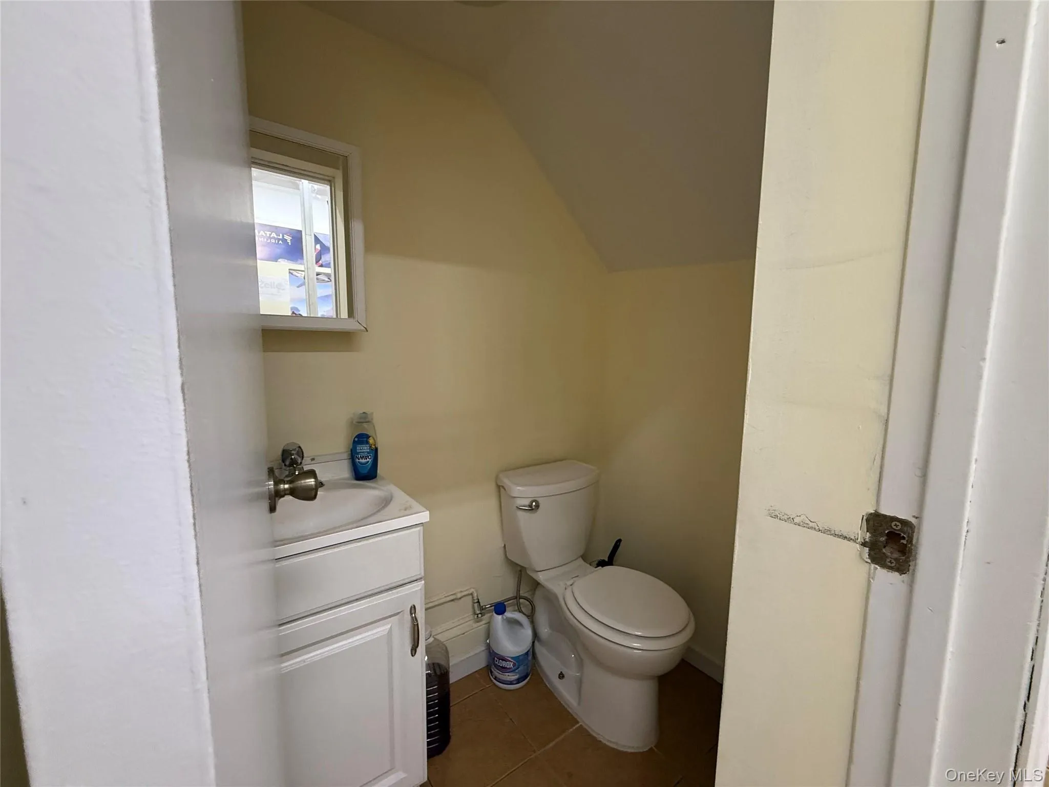 Bathroom featuring tile patterned floors, vaulted ceiling, and vanity Bathroom featuring tile patterned floors, vaulted ceiling, and vanity