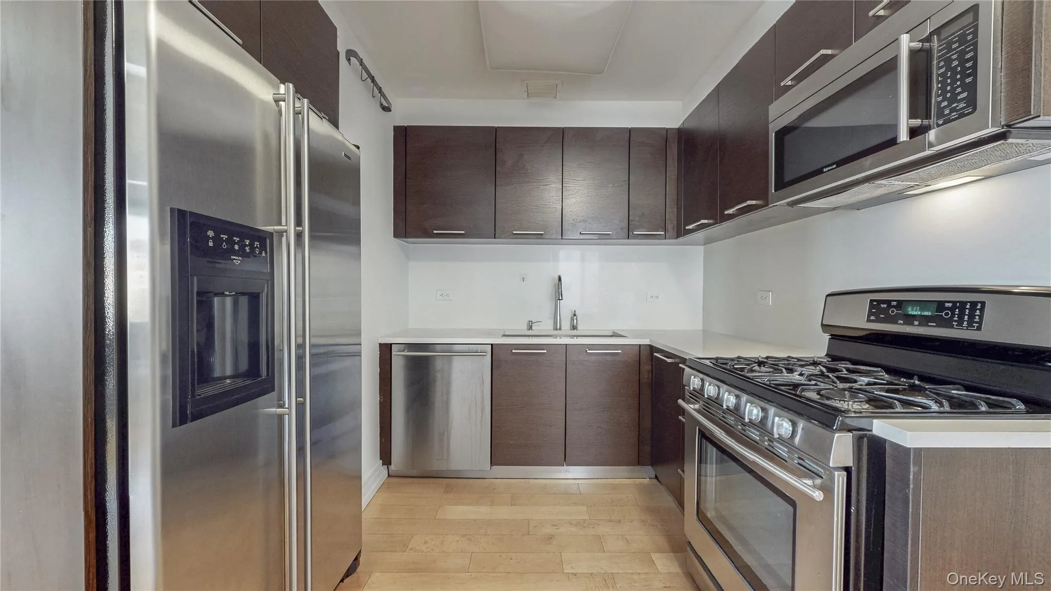 Kitchen with stainless steel appliances, light wood-style flooring, modern cabinets, dark brown cabinets, and light stone counters Kitchen with stainless steel appliances, light wood-style flooring, modern cabinets, dark brown cabinets, and light stone counters