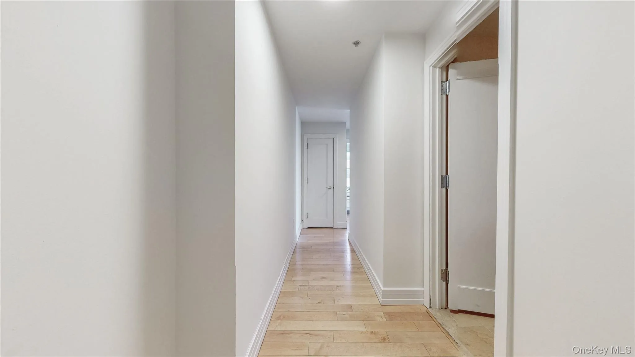 Hall featuring light wood-type flooring and baseboards Hall featuring light wood-type flooring and baseboards