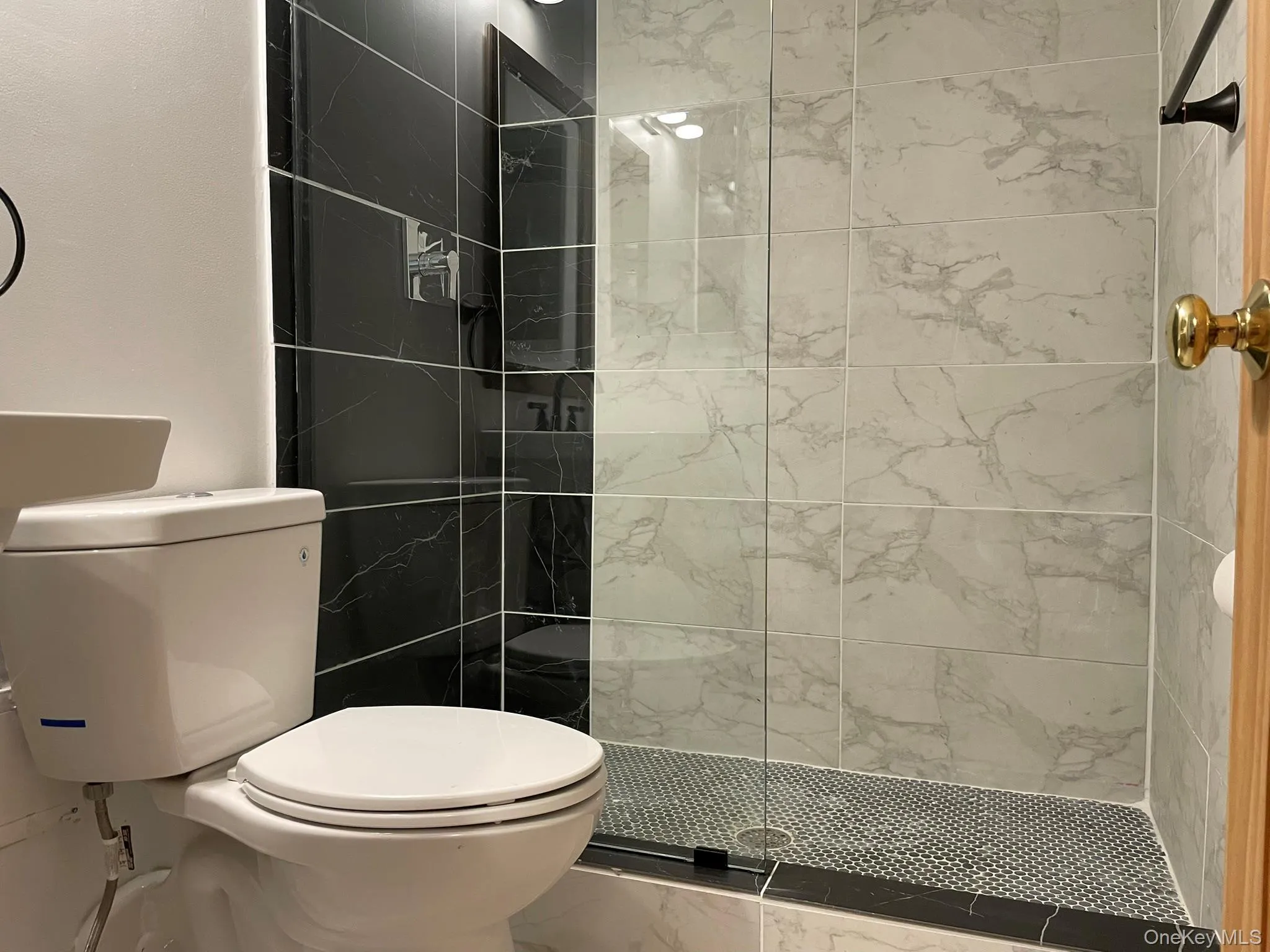 Bathroom with toilet, walk in shower, and marble finish floor Bathroom with toilet, walk in shower, and marble finish floor