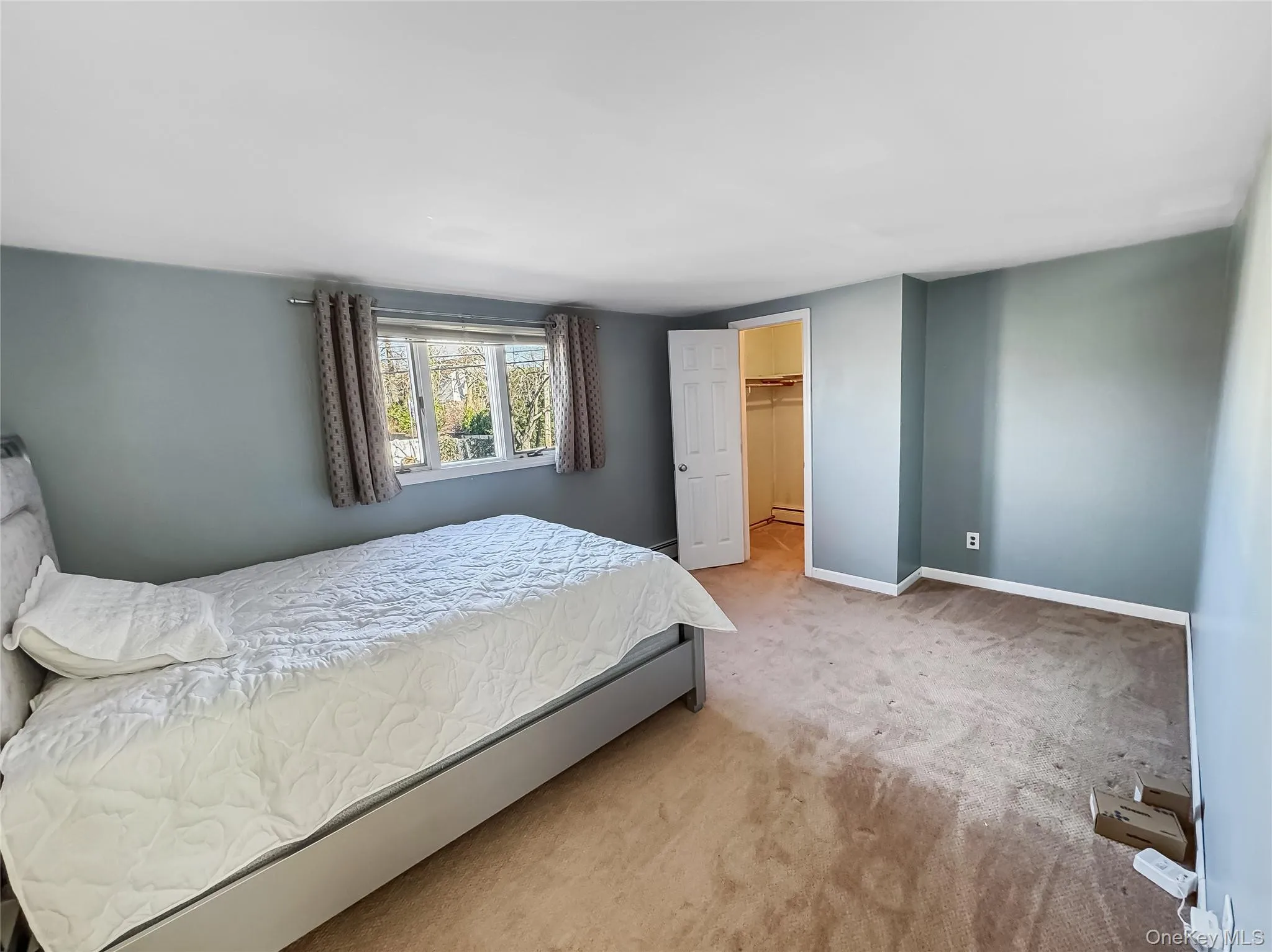 Bedroom featuring carpet flooring and a spacious closet Bedroom featuring carpet flooring and a spacious closet
