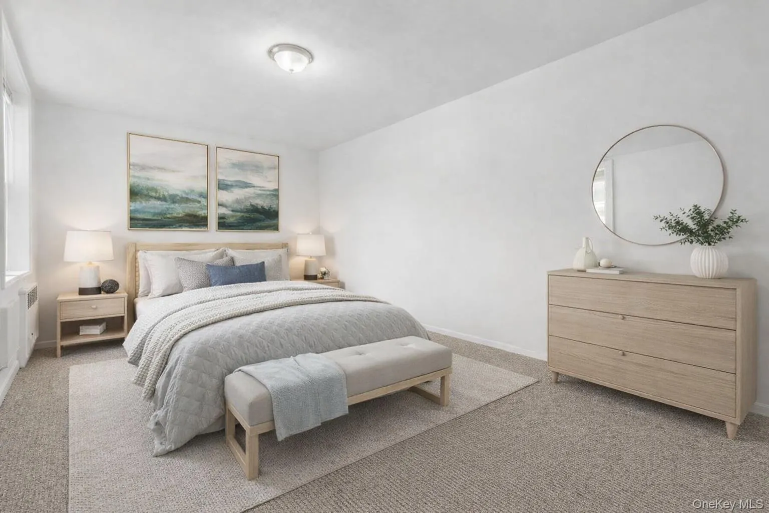 Virtually staged. Carpeted bedroom featuring baseboards and radiator Virtually staged. Carpeted bedroom featuring baseboards and radiator
