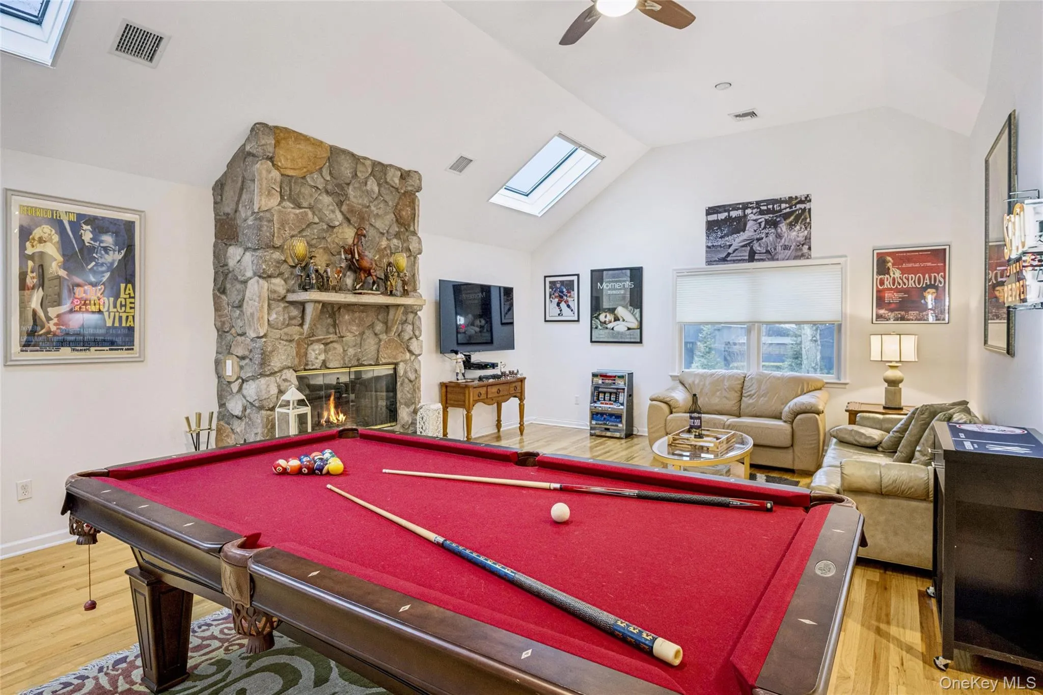 Recreation room featuring a skylight, a fireplace, vaulted ceiling, and light wood-type flooring Recreation room featuring a skylight, a fireplace, vaulted ceiling, and light wood-type flooring