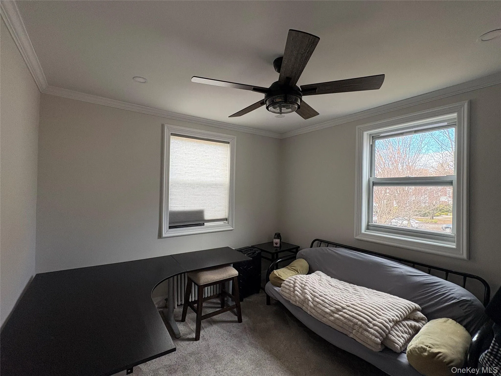 Bedroom with ornamental molding, light colored carpet, multiple windows, and a ceiling fan Bedroom with ornamental molding, light colored carpet, multiple windows, and a ceiling fan