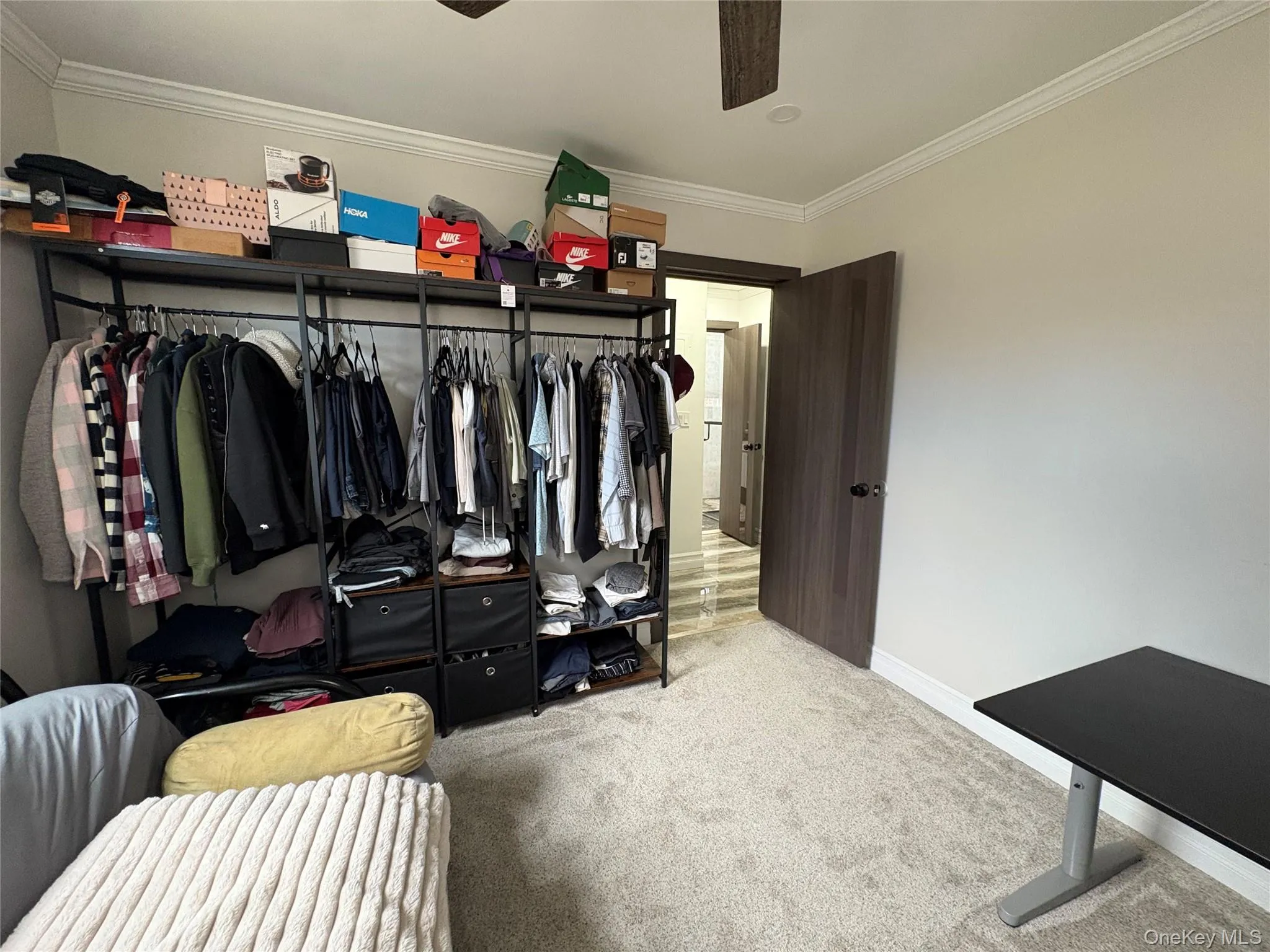 Spacious closet with carpet and a ceiling fan Spacious closet with carpet and a ceiling fan