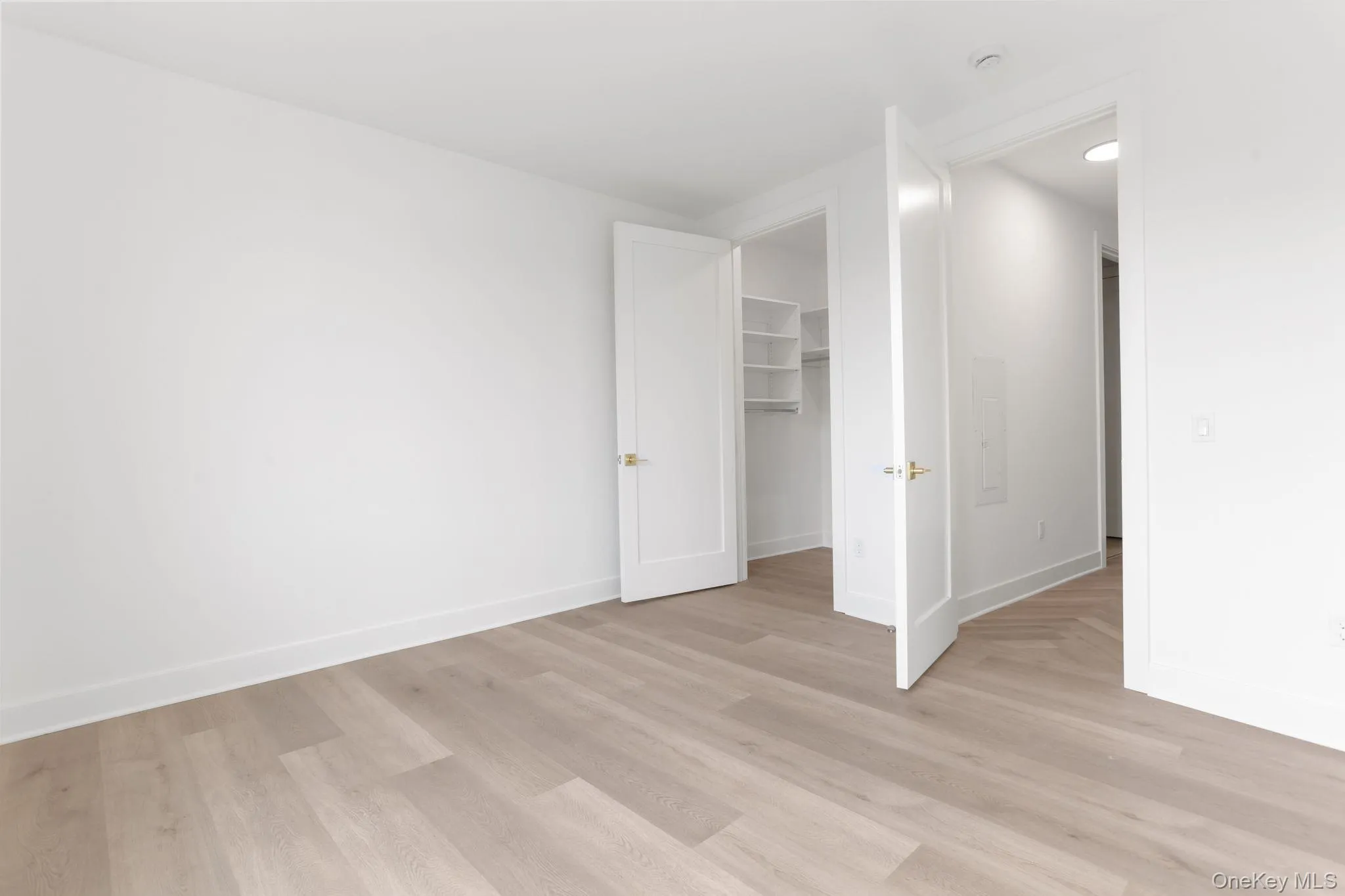 Unfurnished bedroom featuring a walk in closet and light wood-type flooring Unfurnished bedroom featuring a walk in closet and light wood-type flooring