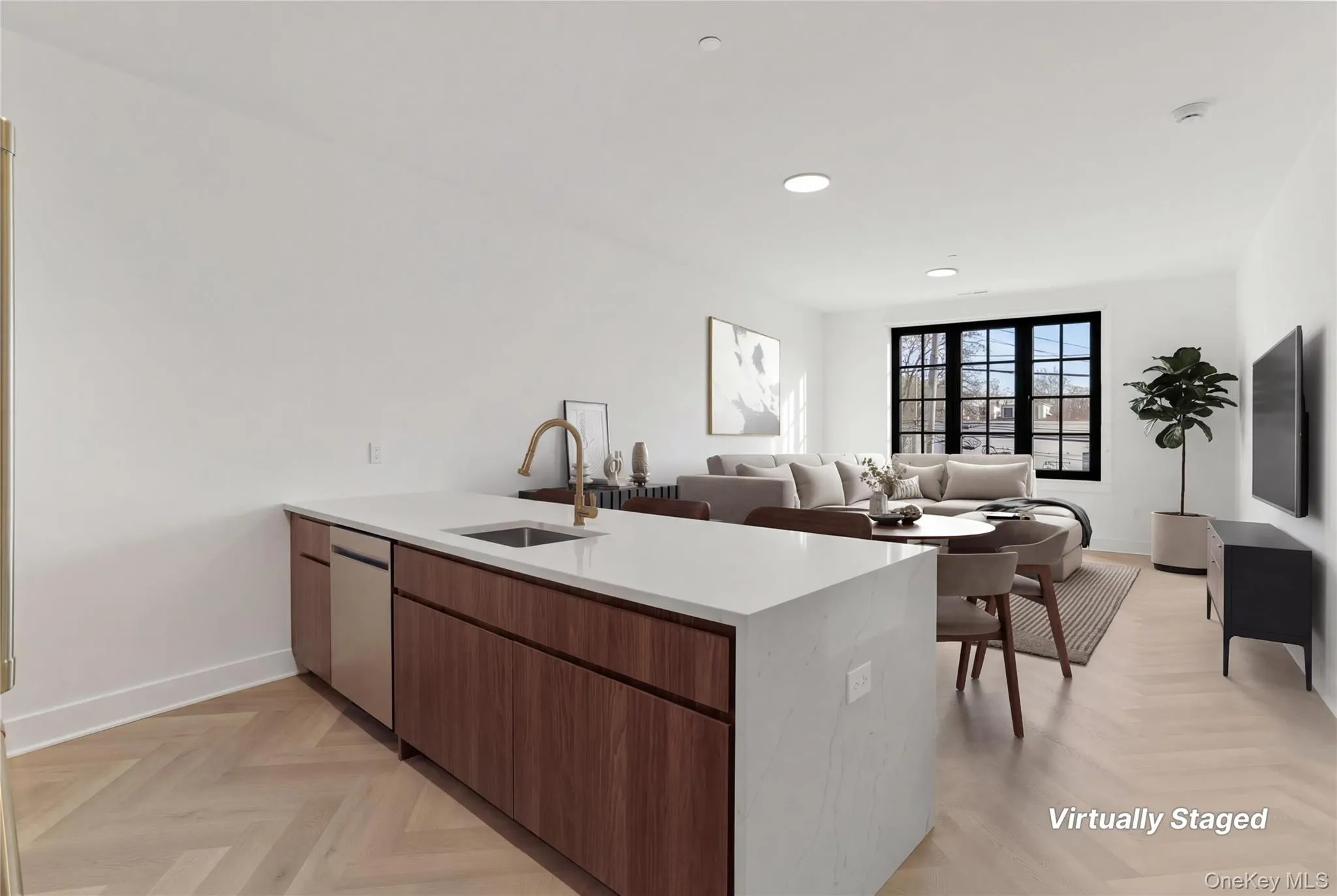 Kitchen with a peninsula, light stone countertops, open floor plan, brown cabinetry, and modern cabinets Kitchen with a peninsula, light stone countertops, open floor plan, brown cabinetry, and modern cabinets