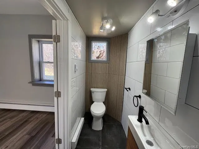 Bathroom with a baseboard radiator window and vanity and a shower. Bathroom with a baseboard radiator window and vanity and a shower.