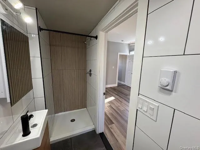 Bathroom with a shower stall, vanity, and dark wood-style flooring Bathroom with a shower stall, vanity, and dark wood-style flooring