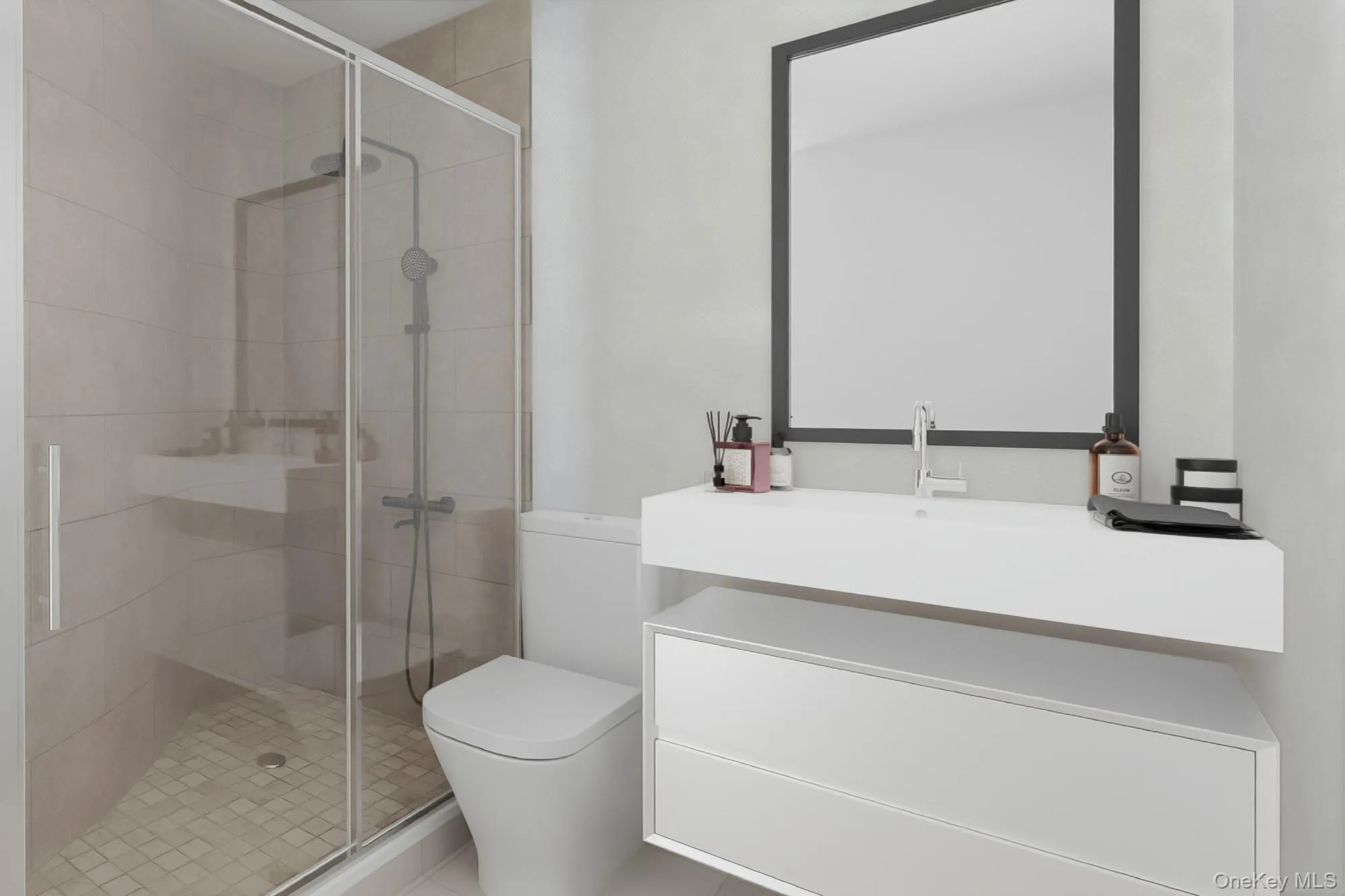 Bathroom with vanity and a stall shower- virtual reno Bathroom with vanity and a stall shower- virtual reno
