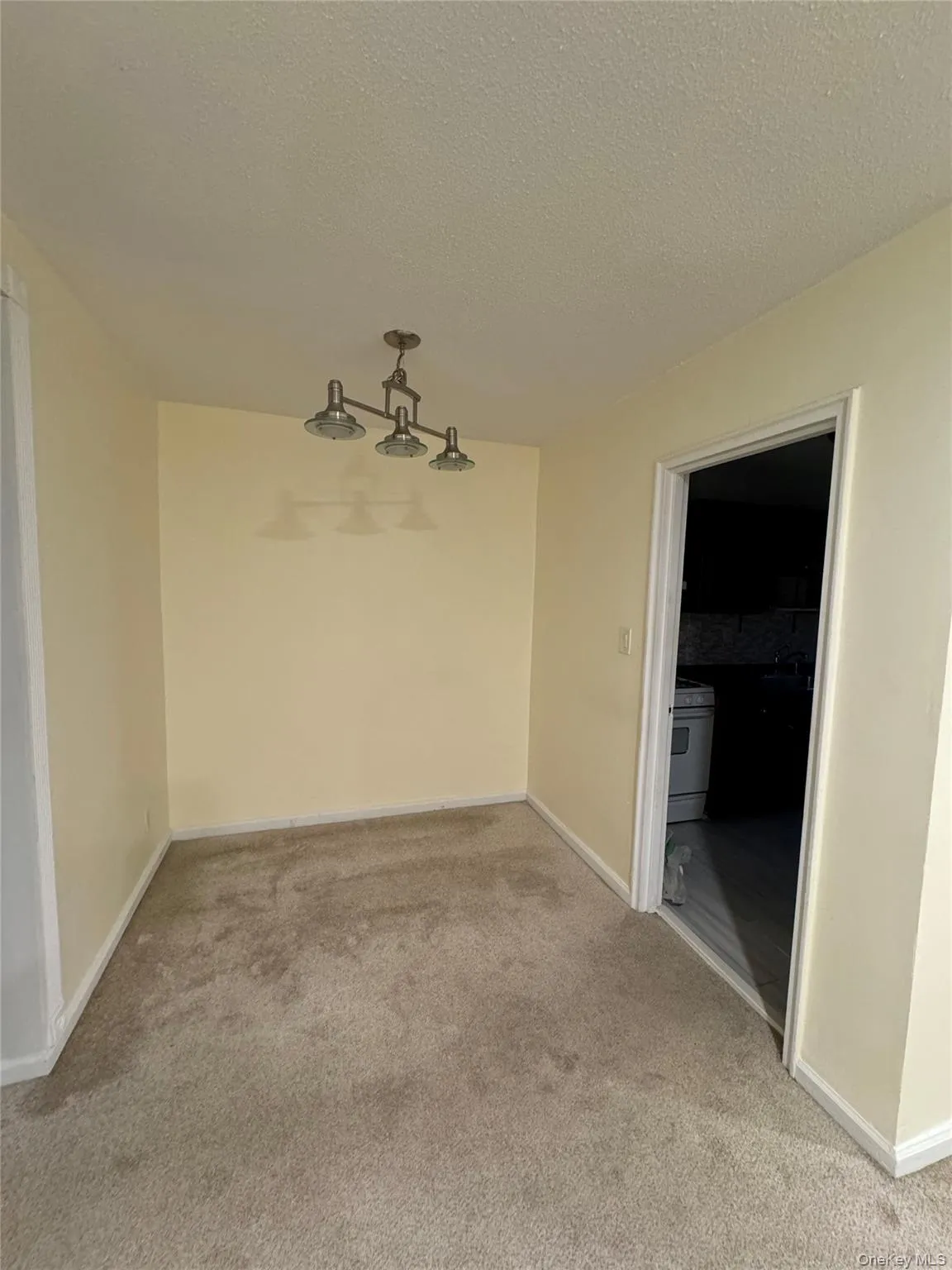 Unfurnished dining area with carpet flooring and a textured ceiling Unfurnished dining area with carpet flooring and a textured ceiling