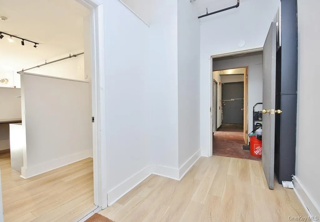 Hall with light wood-style flooring and rail lighting Hall with light wood-style flooring and rail lighting