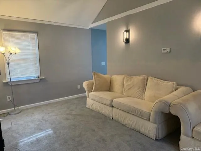 Carpeted living room with lofted ceiling and baseboards Carpeted living room with lofted ceiling and baseboards