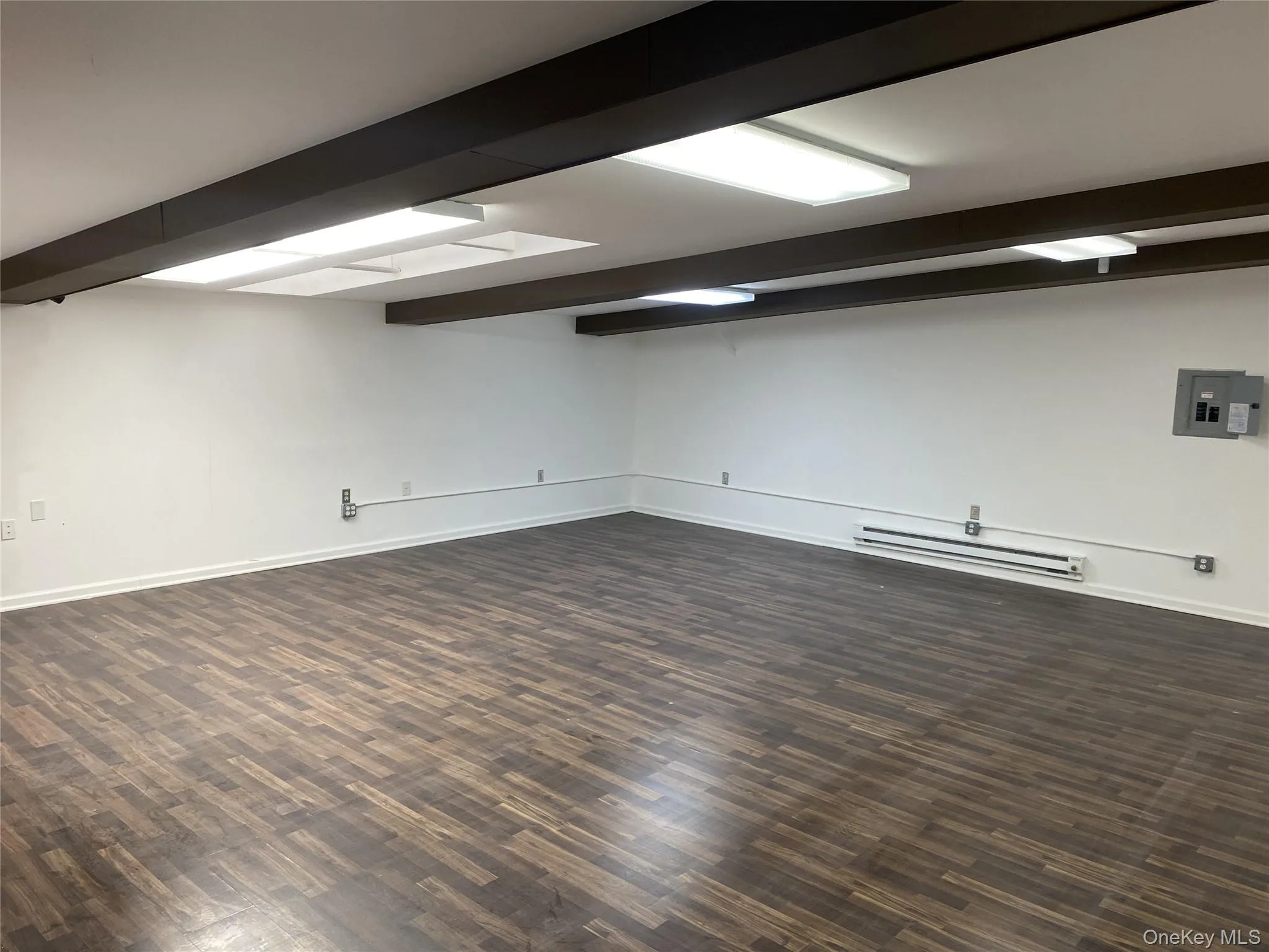 Finished below grade area featuring electric panel, dark wood finished floors, and a baseboard radiator Finished below grade area featuring electric panel, dark wood finished floors, and a baseboard radiator