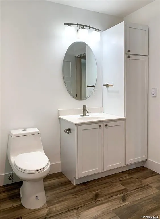 Bathroom featuring vanity and dark wood-type flooring Bathroom featuring vanity and dark wood-type flooring