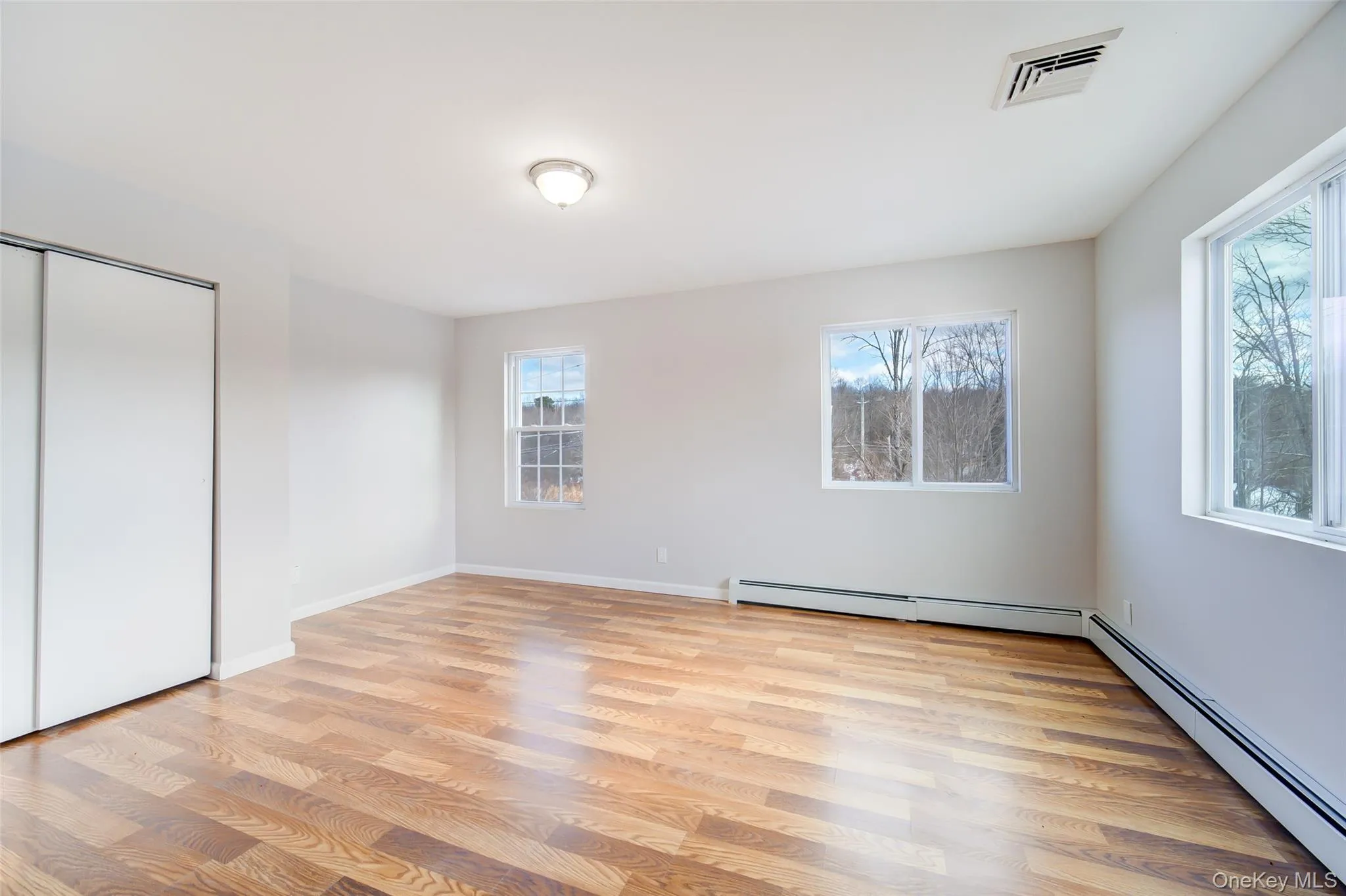 Bedroom with a baseboard radiator, light wood-type flooring, and a closet Bedroom with a baseboard radiator, light wood-type flooring, and a closet