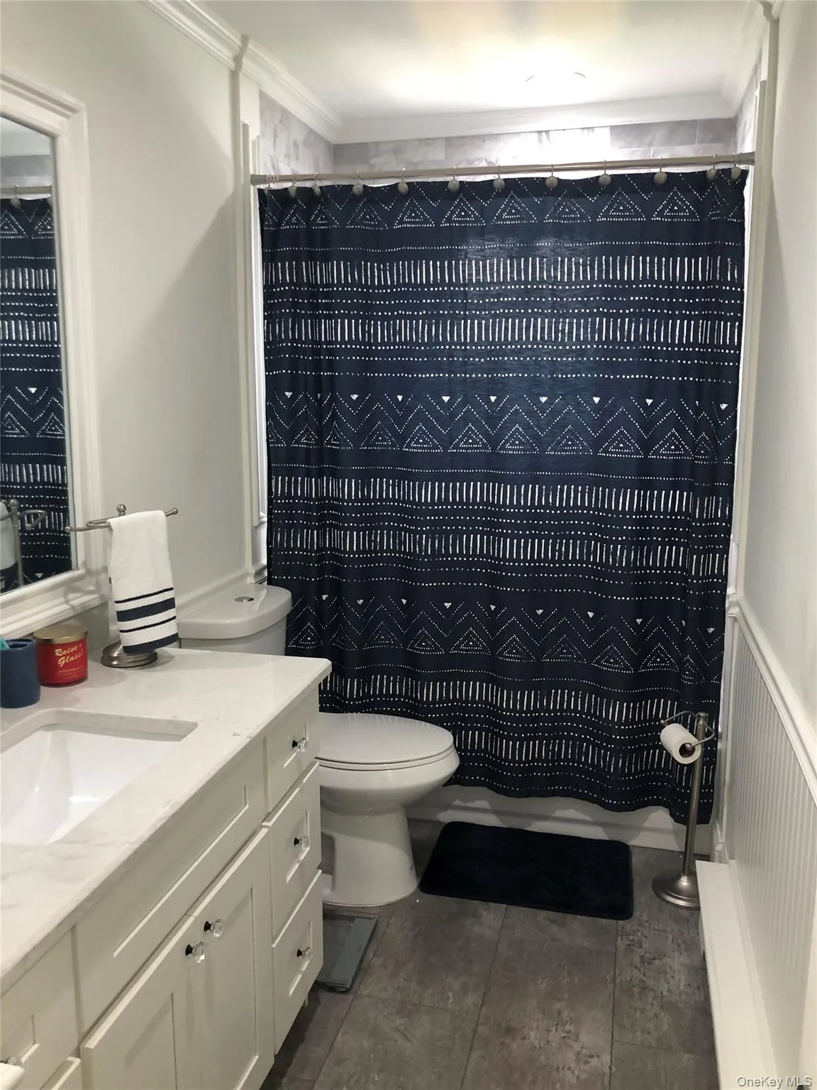 Bathroom featuring vanity, a shower with shower curtain, and crown molding Bathroom featuring vanity, a shower with shower curtain, and crown molding