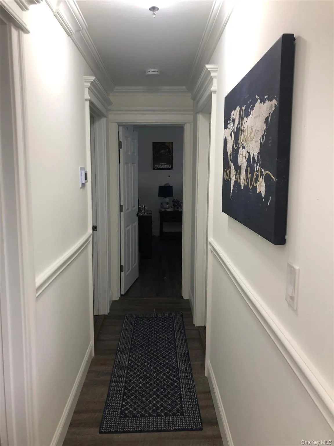 Hallway with crown molding and dark wood-style flooring Hallway with crown molding and dark wood-style flooring