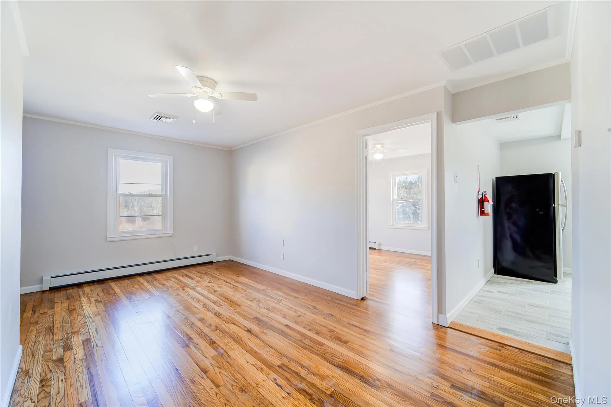 Living room featuring light wood-style floors, a baseboard radiator, ornamental molding, and a ceiling fan Living room featuring light wood-style floors, a baseboard radiator, ornamental molding, and a ceiling fan