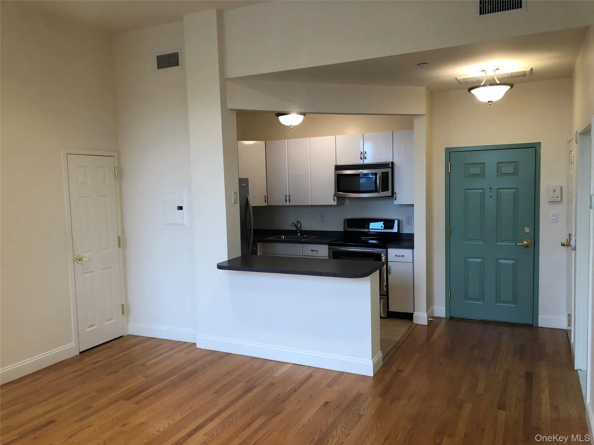 Kitchen with dark countertops, appliances with stainless steel finishes, a peninsula, dark wood-style floors, and white cabinetry Kitchen with dark countertops, appliances with stainless steel finishes, a peninsula, dark wood-style floors, and white cabinetry