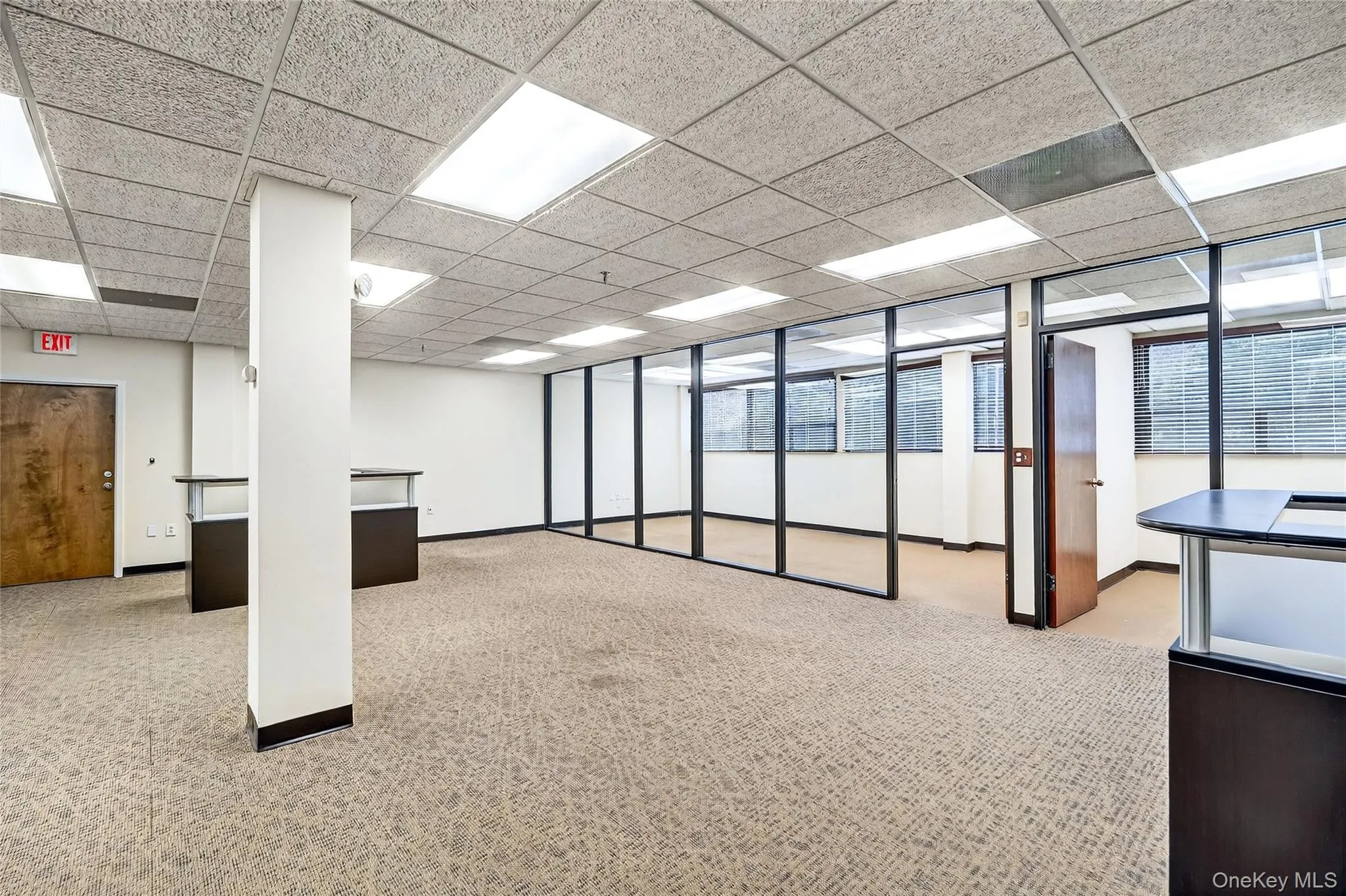 Below grade area with light carpet and a drop ceiling Below grade area with light carpet and a drop ceiling