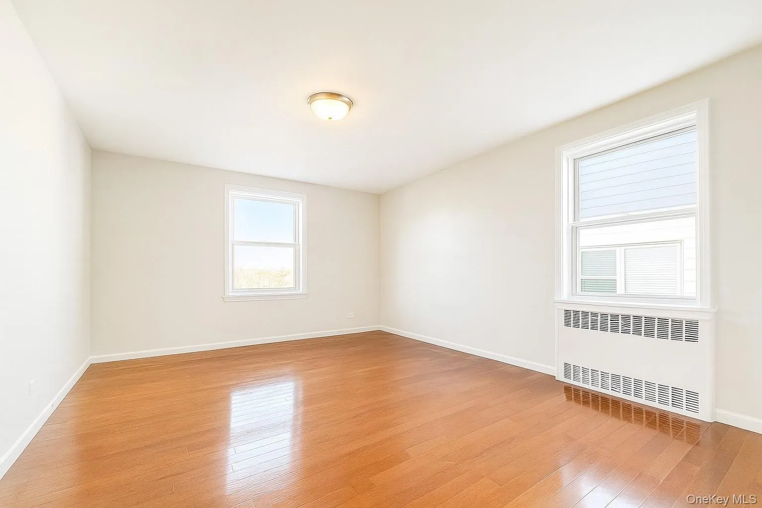 Spare room featuring radiator heating unit and light wood-type flooring Spare room featuring radiator heating unit and light wood-type flooring